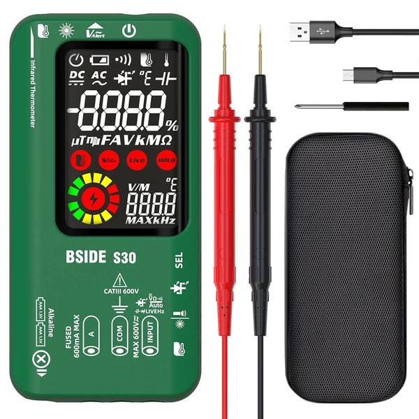 BSIDE S30 digitális multiméter infravörös hőmérővel, True RMS, 9999 számlálás, tölthető - zöld