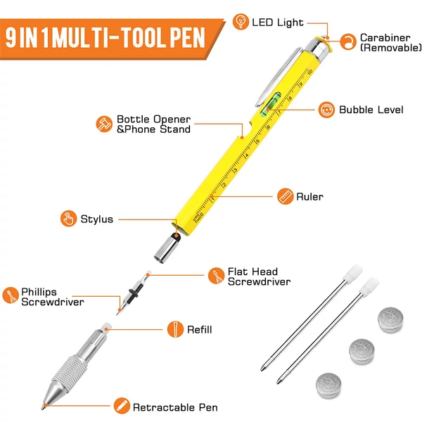 HMP P248 9 az 1-ben multitool toll: érintőceruza, LED lámpa, sörnyitó, telefontartó, vonalzó, csavarhúzó – fekete