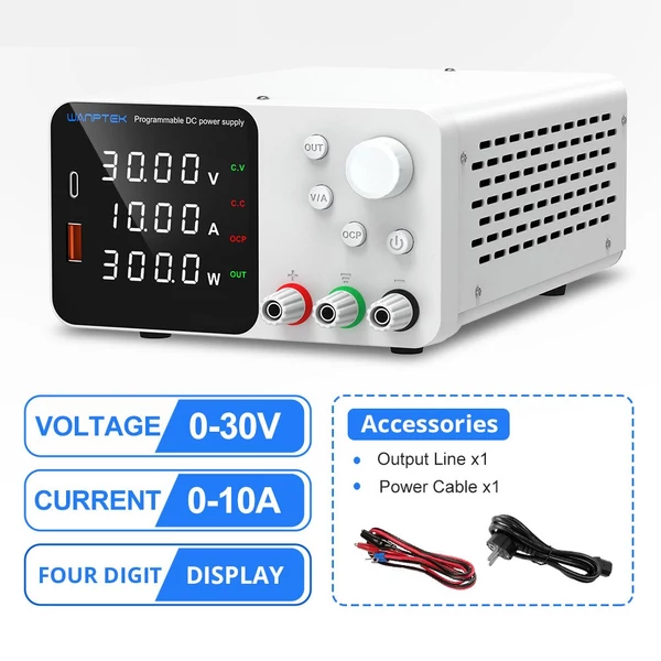 WANPTEK TPS3010 állítható DC tápegység, 30V 10A, USB-C gyors töltés, 4-jegyű kijelző, alacsony zaj - fehér