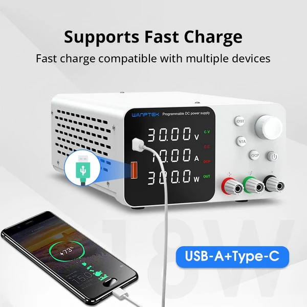 WANPTEK TPS3010 állítható DC tápegység, 30V 10A, USB-C gyors töltés, 4-jegyű kijelző, alacsony zaj - fehér