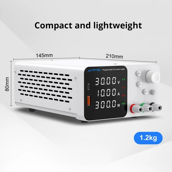 WANPTEK TPS3010 állítható DC tápegység, 30V 10A, USB-C gyors töltés, 4-jegyű kijelző, alacsony zaj - fehér
