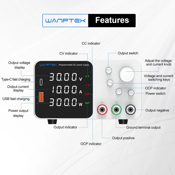 WANPTEK TPS3010 állítható DC tápegység, 30V 10A, USB-C gyors töltés, 4-jegyű kijelző, alacsony zaj - fehér