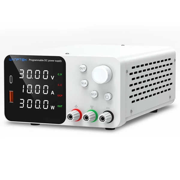 WANPTEK TPS3010 állítható DC tápegység, 30V 10A, USB-C gyors töltés, 4-jegyű kijelző, alacsony zaj - fehér