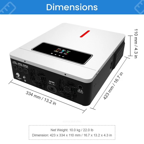 DAXTROMN 6200W hibrid napelemes inverter, 48V DC 120A MPPT töltő, 500V DC, hálózatra és szigetüzemre, WiFi