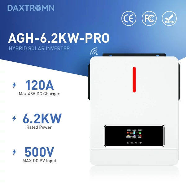 DAXTROMN 6200W hibrid napelemes inverter, 48V DC 120A MPPT töltő, 500V DC, hálózatra és szigetüzemre, WiFi