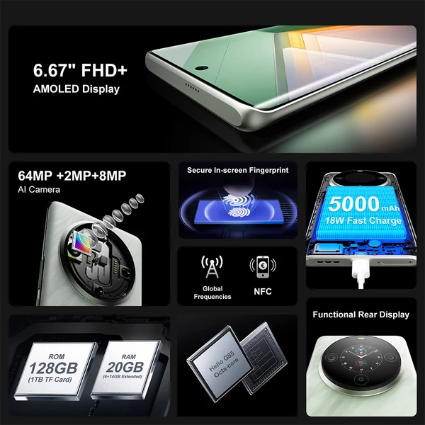 FOSSiBOT S3 Pro 4G okostelefon, 6.67" AMOLED kijelző, 64MP AI kamera, 6GB/128GB, 5000mAh, NFC, Android 14 - Zöld