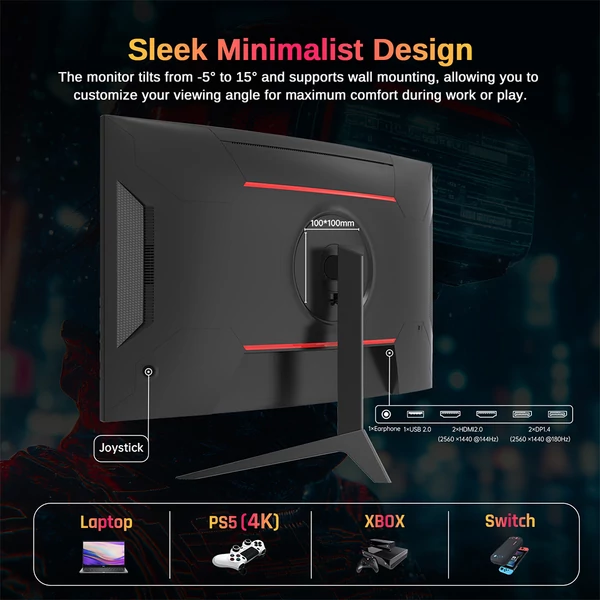 KTC H27S17 27" 1500R ívelt QHD gamer monitor (2560x1440, 180Hz, 1ms, 120% sRGB, FreeSync/G-Sync, 2xHDMI, 2xDP, VESA, audio kimenet)