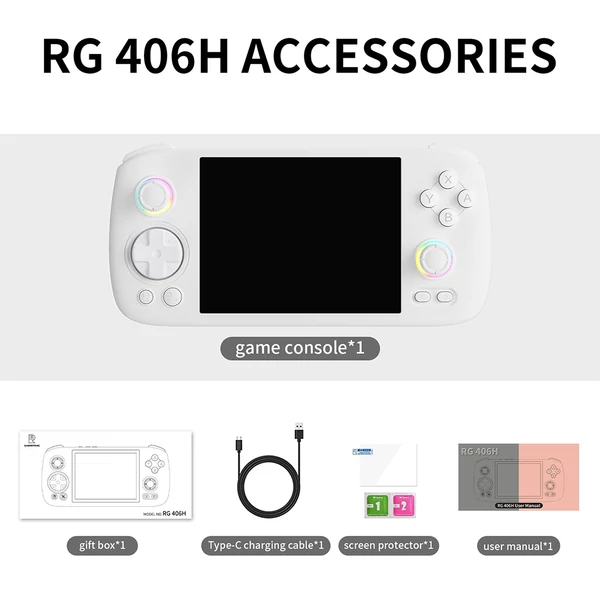 ANBERNIC RG406H játékkonzol, 4" IPS, 8 magos, 8GB RAM, 128GB tárhely, 4000+ játék, Android 13 - Fehér, 128GB TF kártya