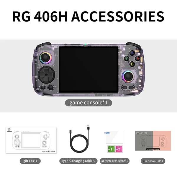 ANBERNIC RG406H játékkonzol, 4" IPS, 8 magos, 8GB RAM, 128GB tárhely, 4000+ játék, Android 13 - Lila, 256GB TF kártya