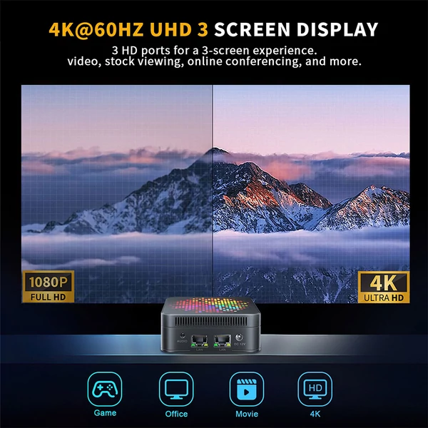 RUPA HSI-100MINI Mini PC Intel N100 4 mag 3.4GHz, 12GB RAM, 512GB SSD, 3×HDMI 4K 60Hz, WiFi 6, Bluetooth 5.2, USB 3.0, 2×LAN, 3.5mm hang