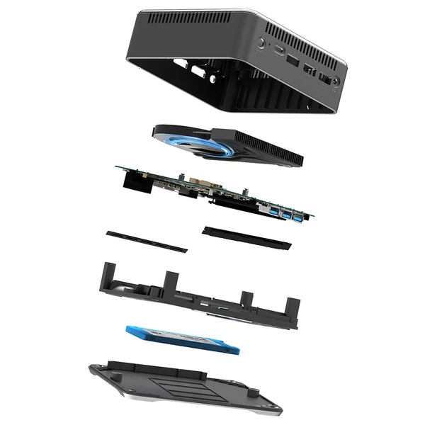 RUPA HSI-95 Mini PC, Intel N95 (4 mag, max. 3,4GHz), 16GB RAM, 512GB SSD, 3×HDMI 4K, WiFi 5, Bluetooth 5.0, 3×USB 3.0, 1xType C, 2×RJ45, 3,5mm jack