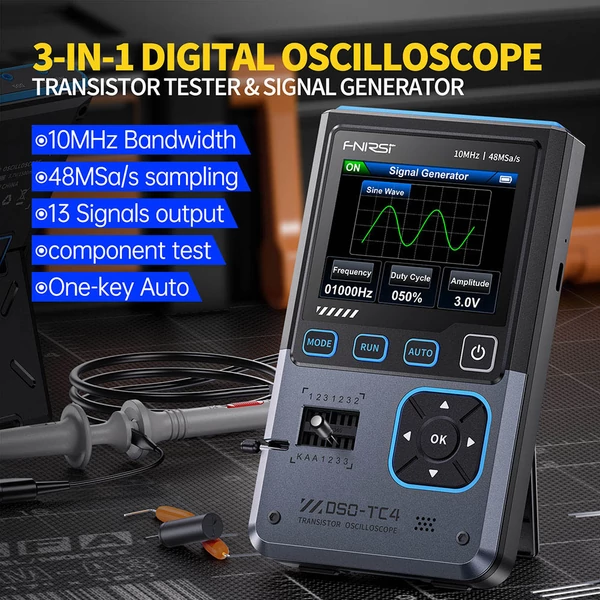 FNIRSI DSO-TC4 digitális oszcilloszkóp, 10MHz, jelszintgenerátor, tranzisztortesztelő, 2.8” TFT, akkumulátorral