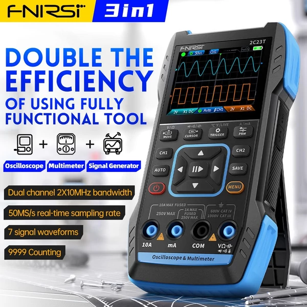 FNIRSI 2C23T 3 az 1-ben digitális oszcilloszkóp, multiméter, jelgenerátor + P6100 próba, 2 csatorna, 10MHz, 9999 mérés