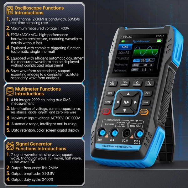 FNIRSI 2C23T 3 az 1-ben digitális oszcilloszkóp, multiméter, jelgenerátor + P6100 próba, 2 csatorna, 10MHz, 9999 mérés