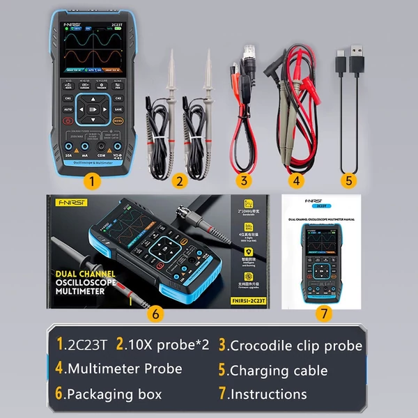 FNIRSI 2C23T 3 az 1-ben digitális oszcilloszkóp, multiméter, jelgenerátor + P6100 próba, 2 csatorna, 10MHz, 9999 mérés