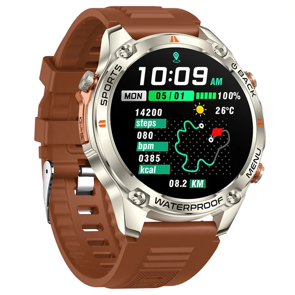 SENBONO G100 okosóra, vízálló 5ATM, Bluetooth hívás, GPS, 100+ sport mód, egészségfigyelés – Ezüst-Barna