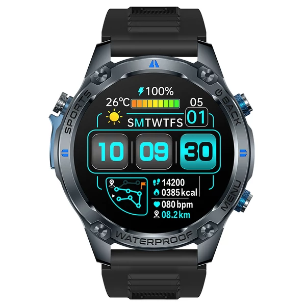 SENBONO G100 okosóra, vízálló 5ATM, Bluetooth hívás, GPS, 100+ sport mód, egészségfigyelés – Fekete-Kék