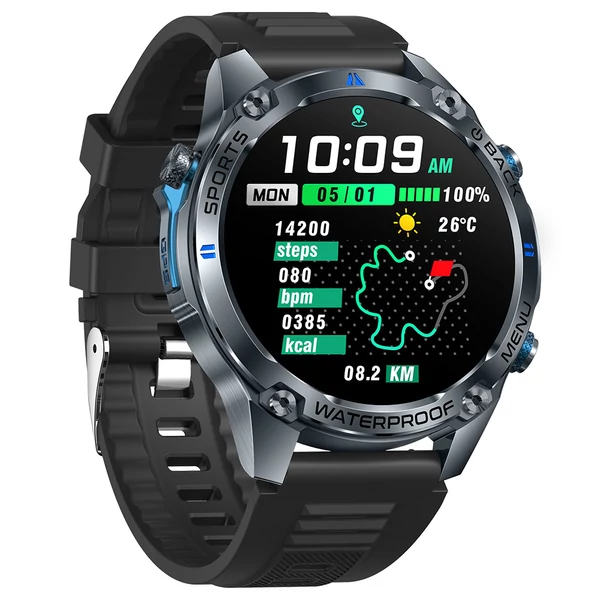 SENBONO G100 okosóra, vízálló 5ATM, Bluetooth hívás, GPS, 100+ sport mód, egészségfigyelés – Fekete-Kék