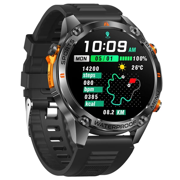 SENBONO G100 okosóra, vízálló 5ATM, Bluetooth hívás, GPS, 100+ sport mód, egészségfigyelés – Fekete-narancs
