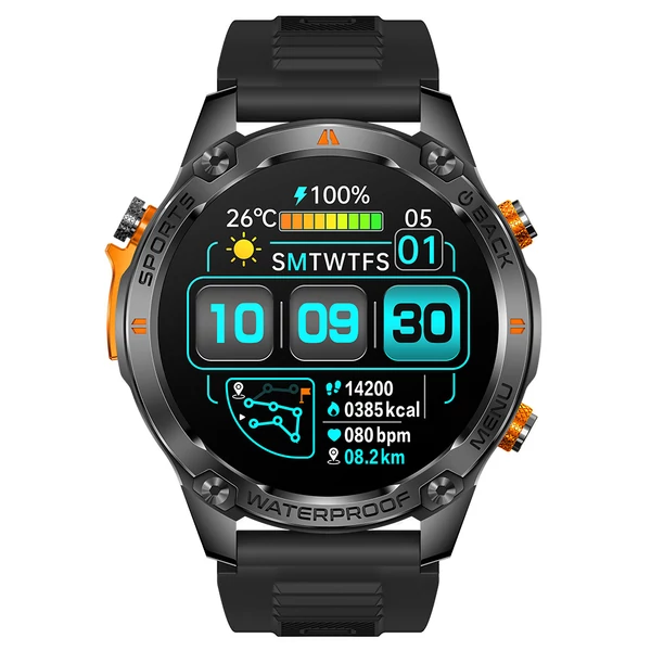 SENBONO G100 okosóra, vízálló 5ATM, Bluetooth hívás, GPS, 100+ sport mód, egészségfigyelés – Fekete-narancs