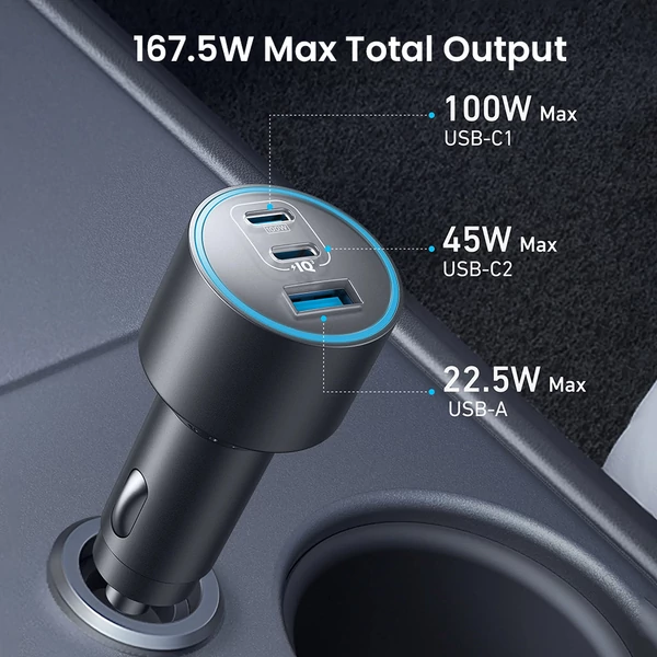 Anker Nano autós gyorstöltő 167.5W-os teljesítménnyel, 2x USB-C (100W, 45W) és 1x USB-A (22.5W) porttal