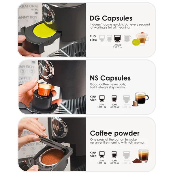 HiBREW H3C 3 az 1-ben kapszulás kávéfőző, 20 bar nyomás, 7 hőfok, forró/jeges kávé, 1,4L tartály, DG/NS kapszula és őrölt kávé – Fekete