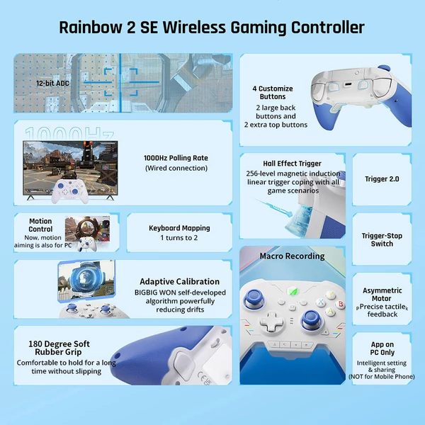BIGBIG WON Rainbow 2 SE vezetékes/BT játékvezérlő – Hall effektus, 12-bit ADC, Switch/PC/Android/iOS kompatibilis - Kék