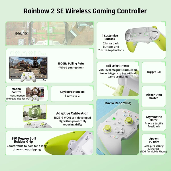 BIGBIG WON Rainbow 2 SE vezetékes/BT játékvezérlő – Hall effektus, 12-bit ADC, Switch/PC/Android/iOS kompatibilis - Zöld