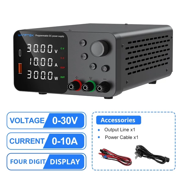 WANPTEK TPS3010 szabályozható DC tápegység 30V 10A, USB-C gyorstöltés, kijelző, halk működés - Fekete