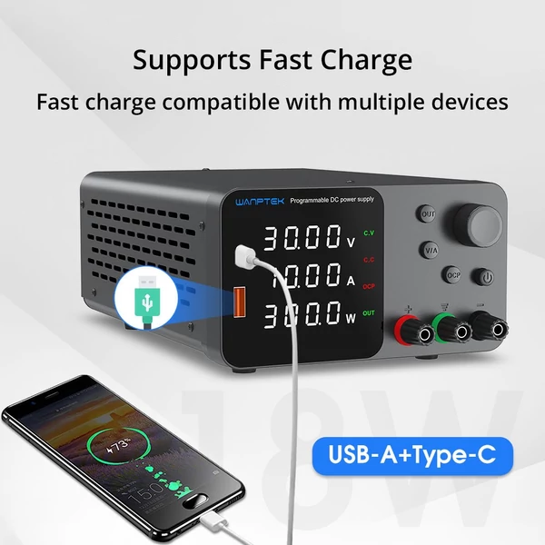 WANPTEK TPS3010 szabályozható DC tápegység 30V 10A, USB-C gyorstöltés, kijelző, halk működés - Fekete