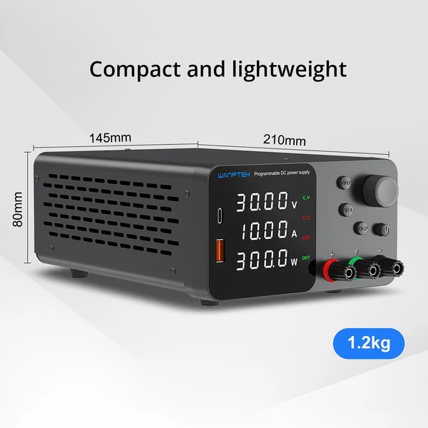 WANPTEK TPS3010 szabályozható DC tápegység 30V 10A, USB-C gyorstöltés, kijelző, halk működés - Fekete