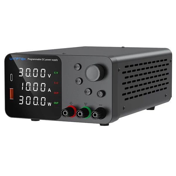 WANPTEK TPS3010 szabályozható DC tápegység 30V 10A, USB-C gyorstöltés, kijelző, halk működés - Fekete