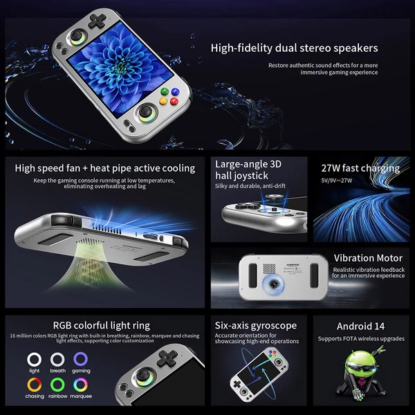 ANBERNIC RG477M AI játékkonzol, Android 14, 12GB RAM, 256GB tárhely, 4.7" 120Hz érintőkijelző, WiFi 6E, Bluetooth 5.3 - Ezüst, 8000+ játék