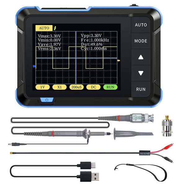 FNIRSI DSO152 mini hordozható digitális oszcilloszkóp, 2,5MSa/s mintavétel, 200kHz sávszélesség - Sárga, P6100 nagyfeszültségű szondával