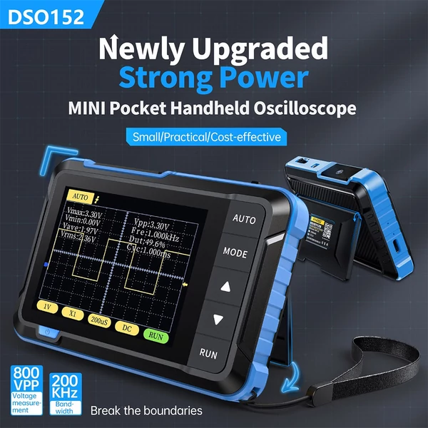 FNIRSI DSO152 mini hordozható digitális oszcilloszkóp, 2,5MSa/s mintavétel, 200kHz sávszélesség - Kék, P6100 nagyfeszültségű szonda nélkül