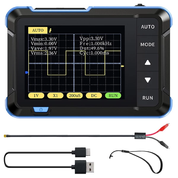 FNIRSI DSO152 mini hordozható digitális oszcilloszkóp, 2,5MSa/s mintavétel, 200kHz sávszélesség - Kék, P6100 nagyfeszültségű szonda nélkül