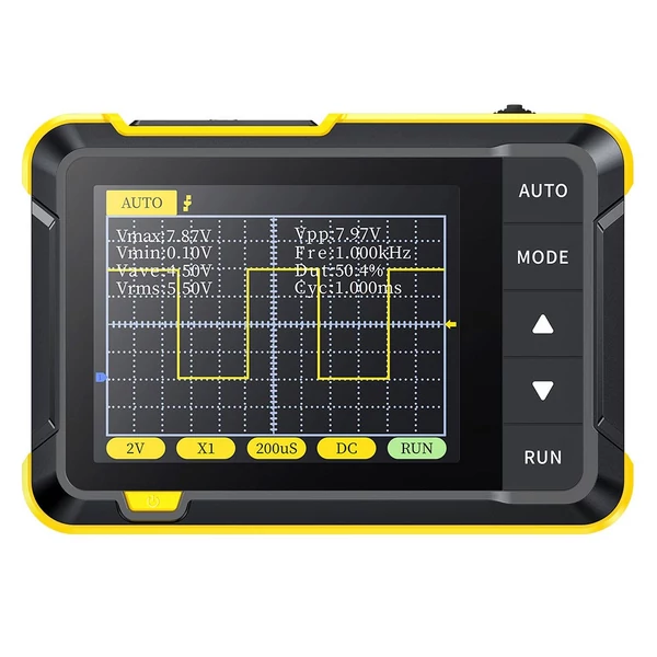 FNIRSI DSO152 mini hordozható digitális oszcilloszkóp, 2,5MSa/s mintavétel, 200kHz sávszélesség - Sárga, P6100 nagyfeszültségű szonda nélkül