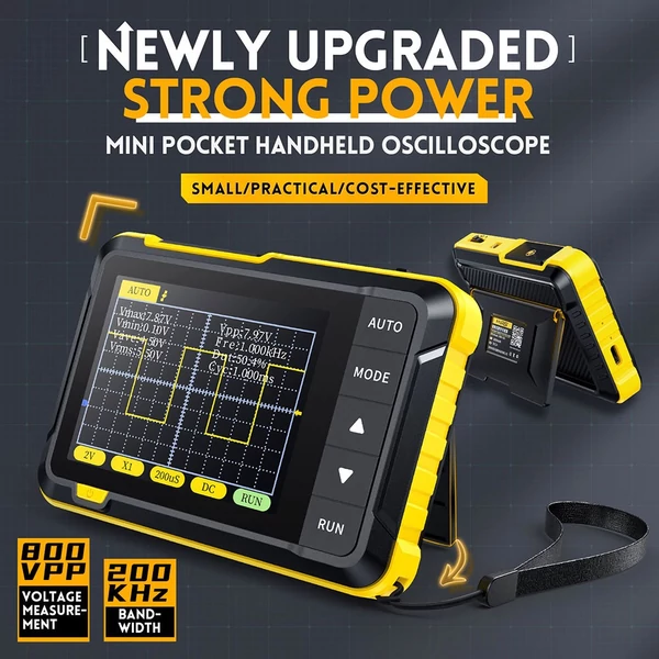 FNIRSI DSO152 mini hordozható digitális oszcilloszkóp, 2,5MSa/s mintavétel, 200kHz sávszélesség - Sárga, P6100 nagyfeszültségű szonda nélkül