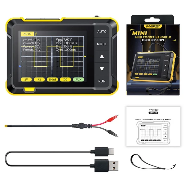 FNIRSI DSO152 mini hordozható digitális oszcilloszkóp, 2,5MSa/s mintavétel, 200kHz sávszélesség - Sárga, P6100 nagyfeszültségű szonda nélkül