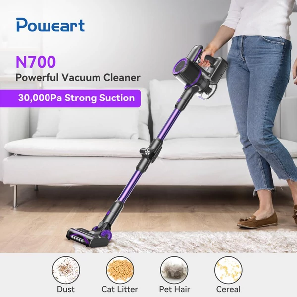 POWEART N700 vezeték nélküli állóporszívó – 30kPa erős szívóerő, 45 perc üzemidő, LED padlókefe