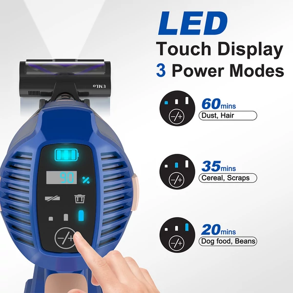 UMLO V11 vezeték nélküli állóporszívó – 300W motor, 30kPa szívóerő, 60 perc üzemidő, LED kijelző, 0,8L tartály, fali tartó