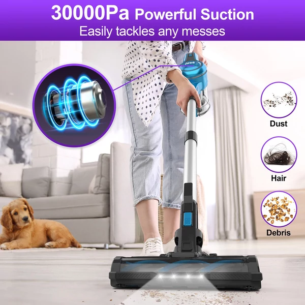 INSE S62 vezeték nélküli állóporszívó – 30kPa szívóerő, 300W motor, 45 perc üzemidő, LED világítás