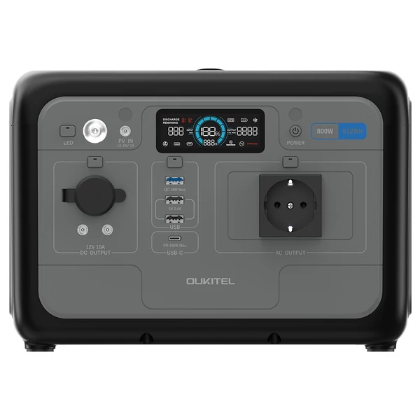 OUKITEL P800 hordozható erőmű – 512Wh/800W akkumulátor, AC/DC gyorstöltés, napelemes generátor kempinghez, vészhelyzetre
