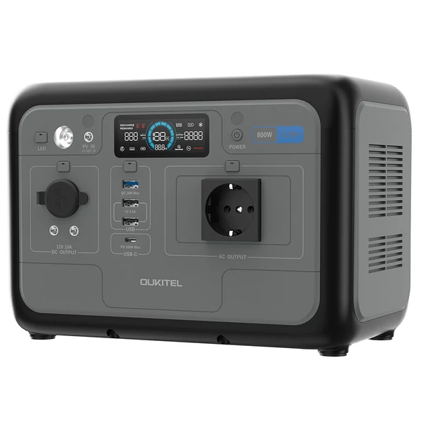 OUKITEL P800 hordozható erőmű – 512Wh/800W akkumulátor, AC/DC gyorstöltés, napelemes generátor kempinghez, vészhelyzetre