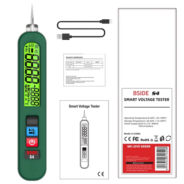 BSIDE S4 okos feszültségmérő 12-300V, érintésmentes teszter, fázisdetektálás, LCD kijelző, LED lámpa – Zöld