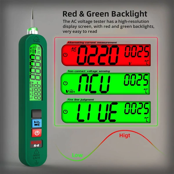 BSIDE S4 okos feszültségmérő 12-300V, érintésmentes teszter, fázisdetektálás, LCD kijelző, LED lámpa – Zöld