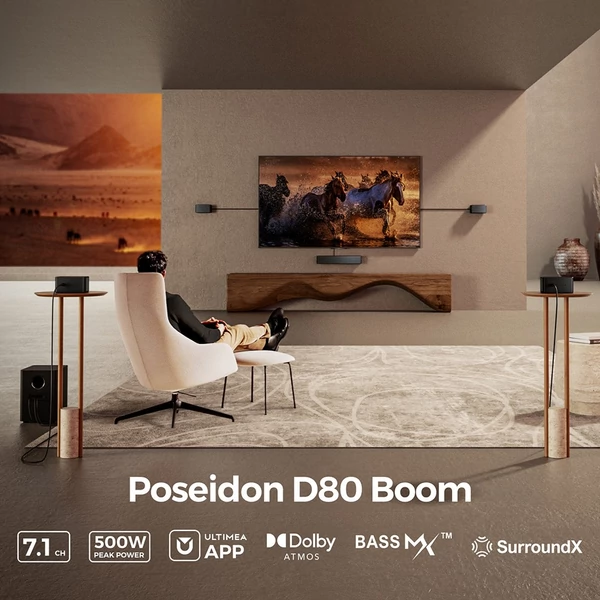 Ultimea Poseidon D80 7.1 Soundbar mélynyomóval – Dolby Atmos, 500W, Bluetooth 5.3, APP vezérlés, 10 sávos EQ