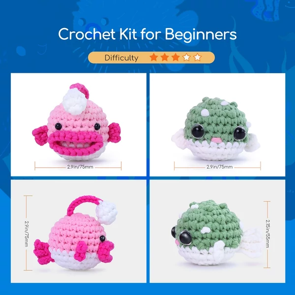 Amigurumi horgolókészlet kezdőknek – állatfigura csomag videós útmutatóval, Anglerpuff minta