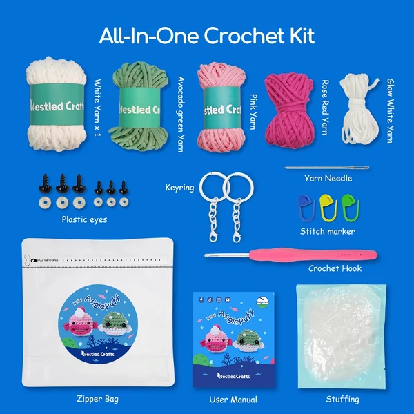 Amigurumi horgolókészlet kezdőknek – állatfigura csomag videós útmutatóval, Anglerpuff minta