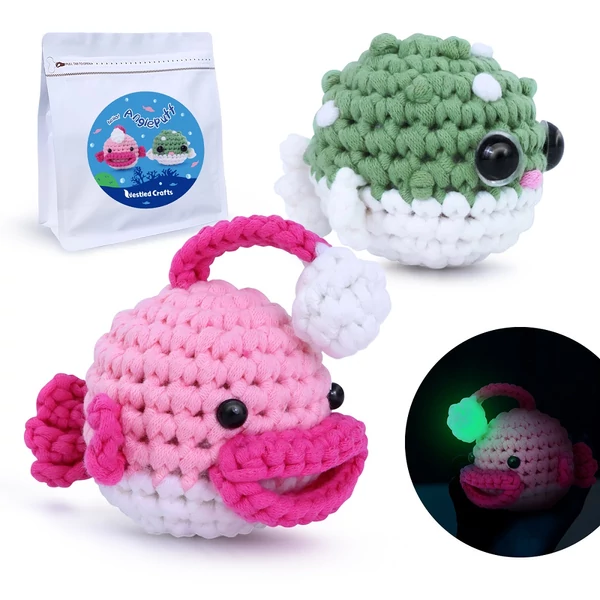 Amigurumi horgolókészlet kezdőknek – állatfigura csomag videós útmutatóval, Anglerpuff minta